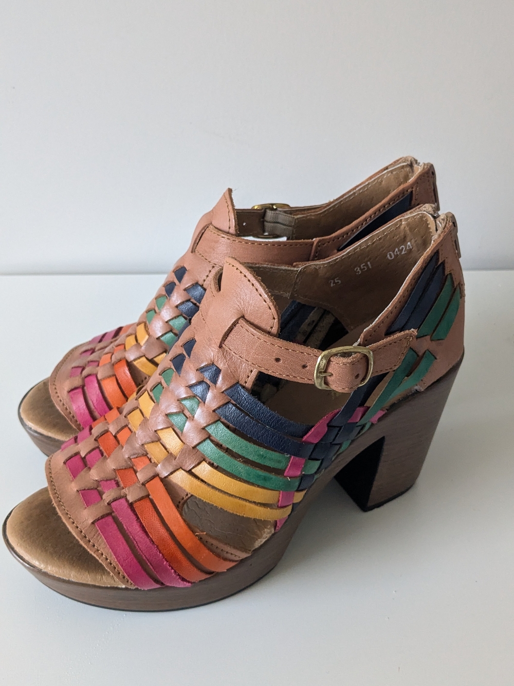 Multicolor Woven Leather Block Heel Sandals - Tan